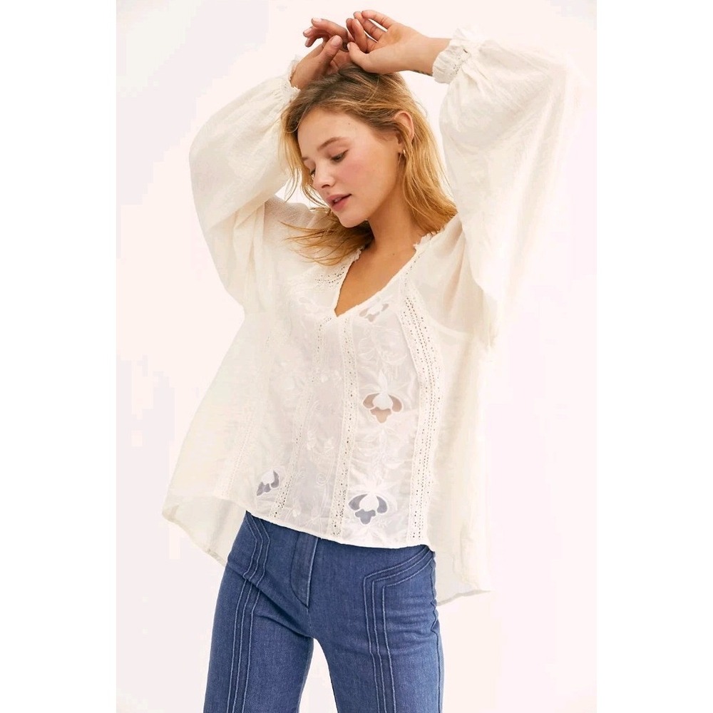 Free People Sivan Ivory Floral Lace Embroidered Boho Blouse V-Neck Long Sleeve